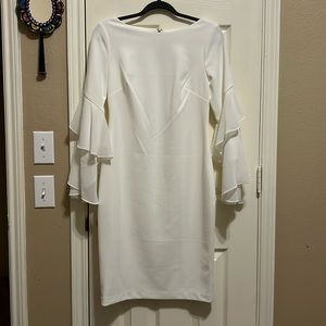 Calvin Klein Size 8 White Midi Dress with Ruffled Sleeves